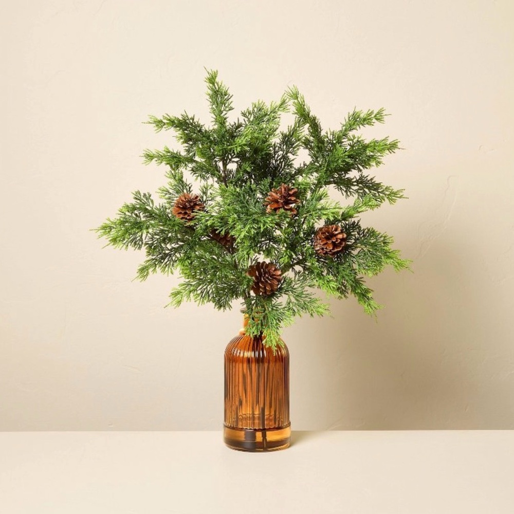 22” Cedar and Pinecones in Ribbed Amber Vase — Hearth & Hand with Magnolia